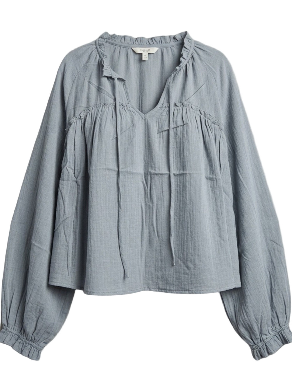 Color Block Boho Blouse Medium Light Blue Cotton Tie Neck Ruffle Long Sleeve